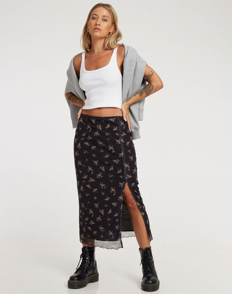 IMAGE OF Rindai Midi Skirt in Femme Floral Black and Gold