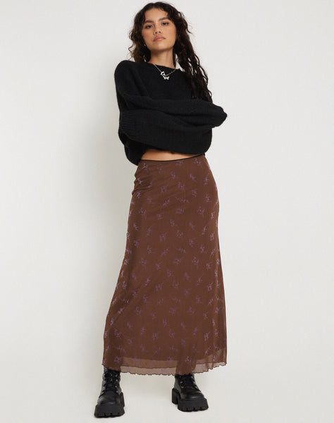 Image of Rindu Maxi Skirt in Flower Stem Flock Brown