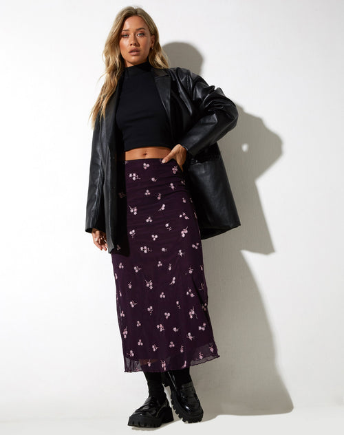 image of Rindu Maxi Skirt in Plum Daisy Embro