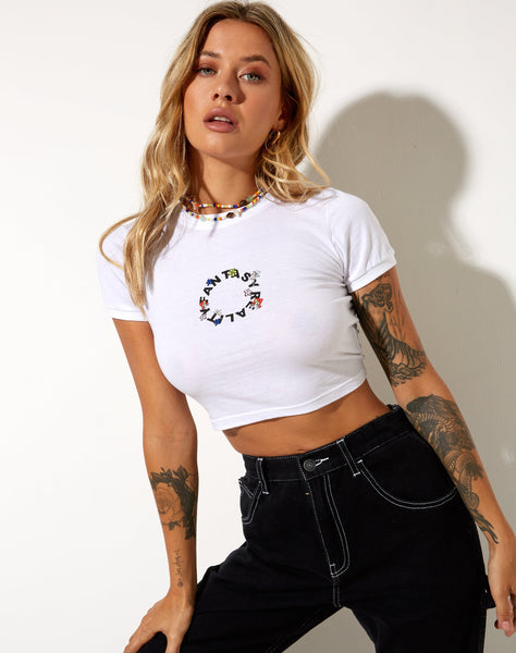 Image of Ringer Tee in White Fantasy Reality Mix Print and Embroidery