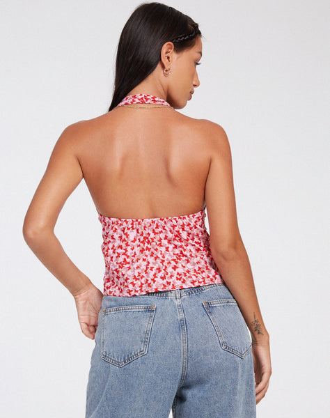 image of Roula Halter Top in Ditsy Butterfly Peach Red