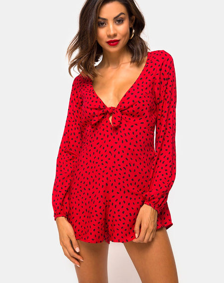 Romeo Longsleeve Playsuit in Cuban Dot Red