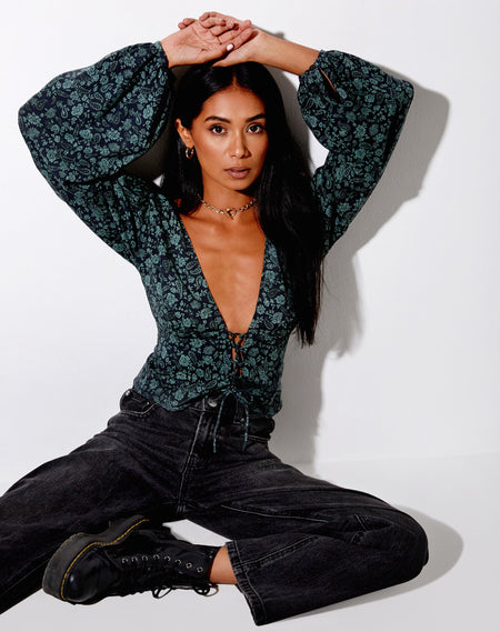 Sanila Crop Top in Mono Paisley Green