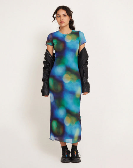 MOTEL X JACQUIE Indie Midi Dress in Mesh Green and Blue Abstract Paint Brush