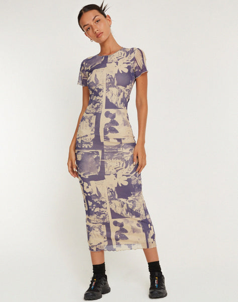 Image of Roska Printed Mesh Midi Dress in Collage Floral Shadow Purple