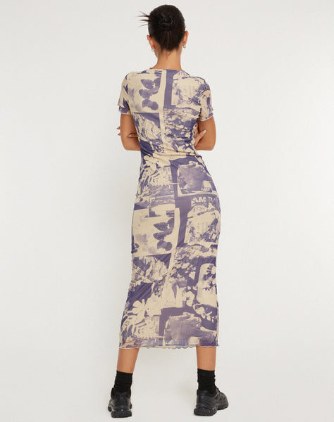 Image of Roska Printed Mesh Midi Dress in Collage Floral Shadow Purple