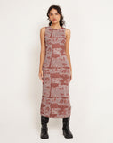 Image of Roskila High Neck Mesh Maxi Dress in Botanical Bleed Warm Grey