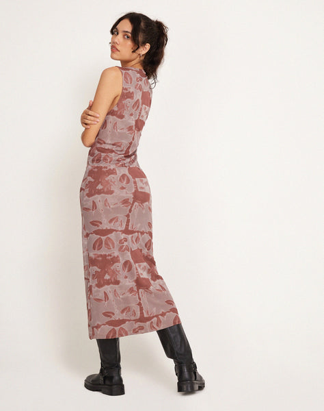 Image of Roskila High Neck Mesh Maxi Dress in Botanical Bleed Warm Grey