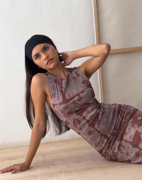 Image of Roskila High Neck Mesh Maxi Dress in Botanical Bleed Warm Grey