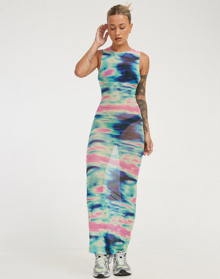 MOTEL X JACQUIE Indie Midi Dress in Mesh Green and Blue Abstract Paint Brush