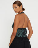 image of Roula Halter Top in Dragon Flower Black Mint