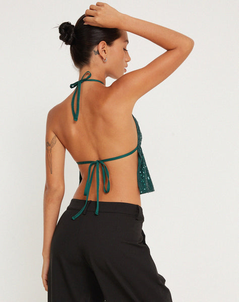 image of Runita Halter Top in Drape Sequin Forest Green