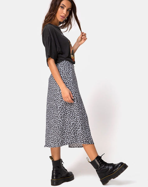 Saika Midi Skirt in Ditsy Rose Black