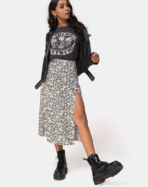 Saika Midi Skirt in Floral Field Olive