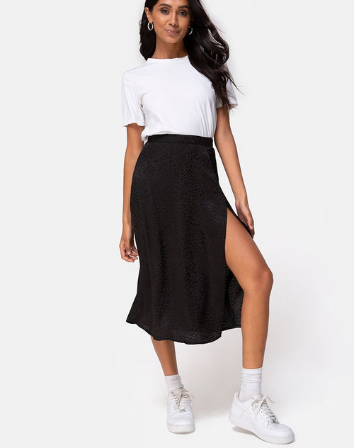 Saika Midi Skirt In Satin Cheetah Black