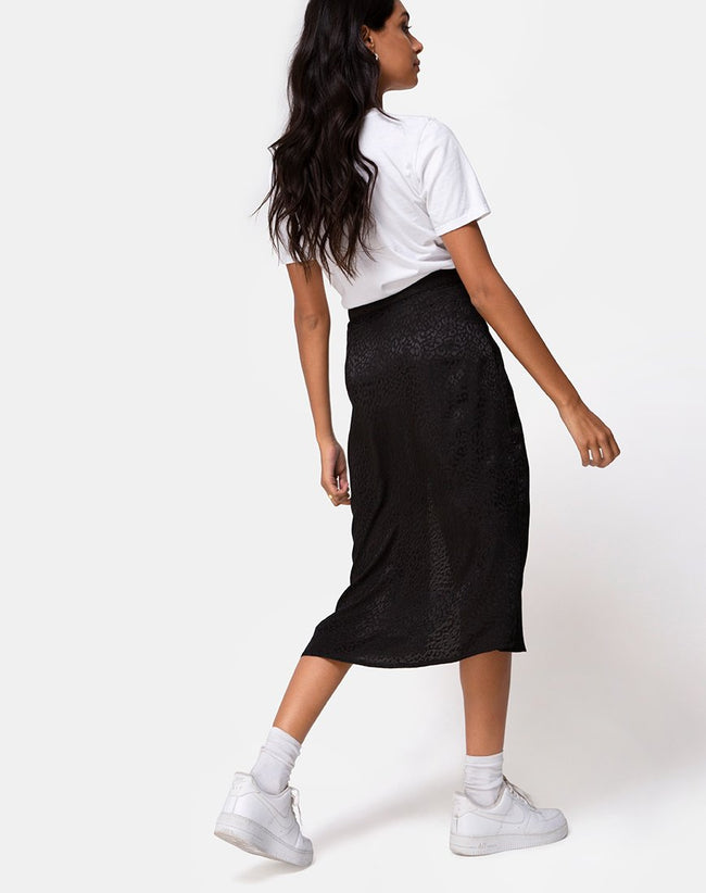 Saika Midi Skirt In Satin Cheetah Black