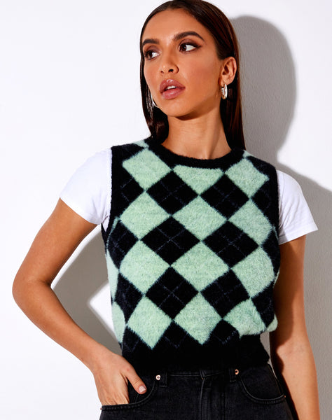 Image of Saki Tank Top in Knit Diamond Black and Green