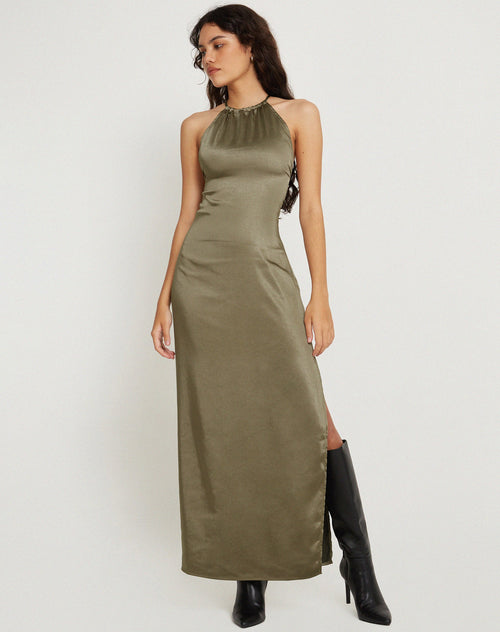 image of Salazar Halter Neck Maxi Dress in Satin Dark Olive