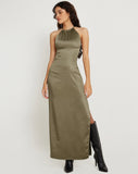 image of Salazar Halter Neck Maxi Dress in Satin Dark Olive