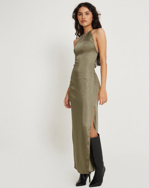 image of Salazar Halter Neck Maxi Dress in Satin Dark Olive