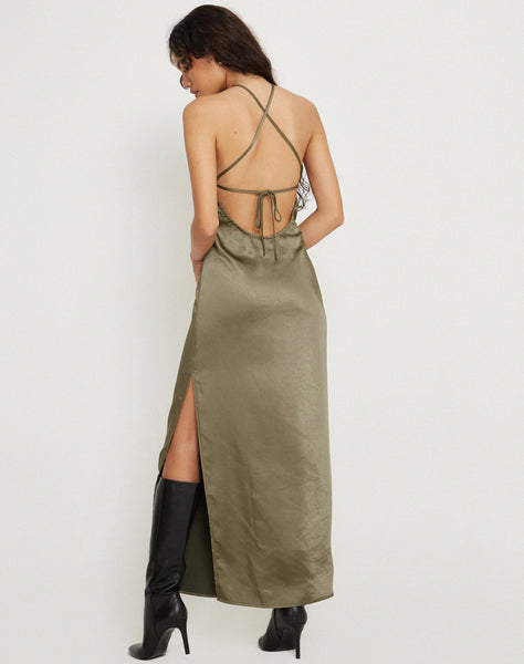 image of Salazar Halter Neck Maxi Dress in Satin Dark Olive