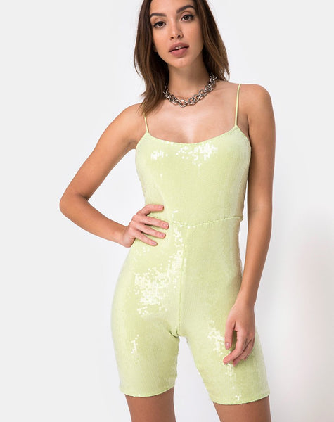 Saleta Unitard in Pistachio Green with Clear Sequin