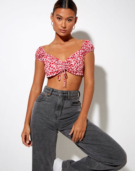 Ridis Vest Crop Top in Ditsy Butterfly Peach and Red