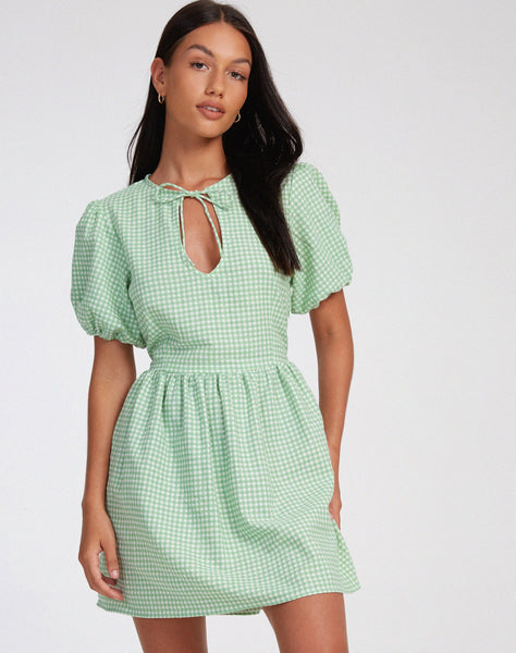 image of Sashio Mini Dress in Mini Gingham Green