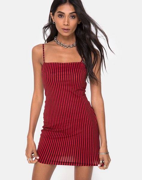 Selah Bodycon Dress in Mini Stripe Red and Black