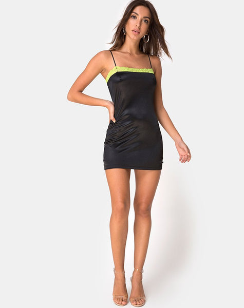 Selah Dress in Satin Black with Lime Lace