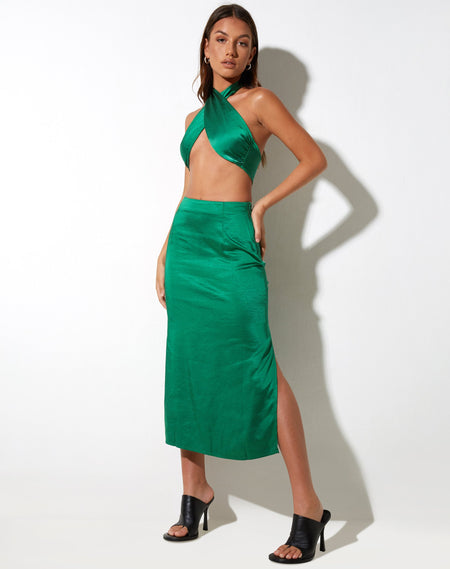 Golda Midi Skirt in Satin Avocado