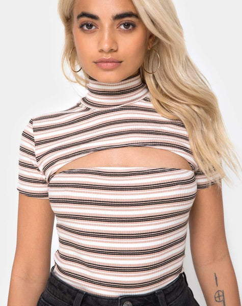 Shidi Cutout Bodice in Rib Stripe Cream Black and Tan