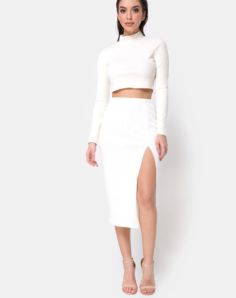 Midi Cheri Split Skirt in Velvet Rib White