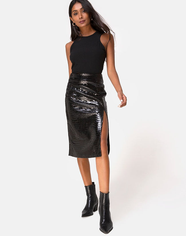 Sika Midi Skirt in PU Croco Black