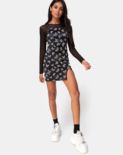 Sikhnet Mini Dress in Black Butterfly Flock