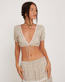 Image of Skise Tie Front Crop Top in Antique Blue and Ivory Floral