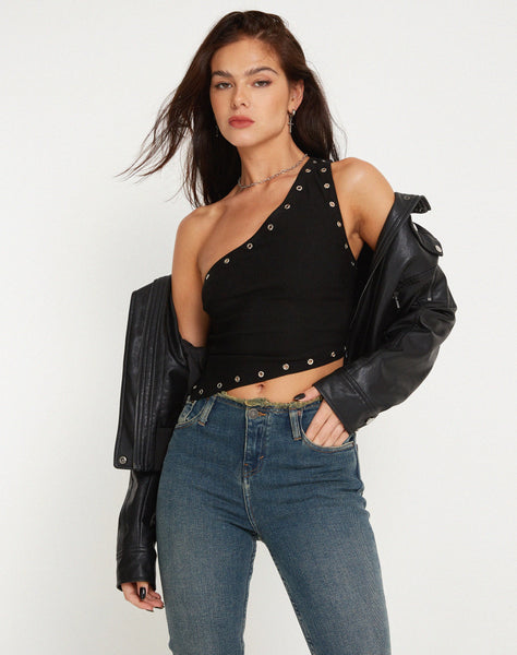 Image of Soyuna Asymmetric Crop Top in Black with Eyelet