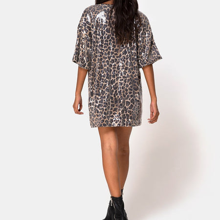 Sunny Kiss Oversize Tee in Leopard with Clear Sequin