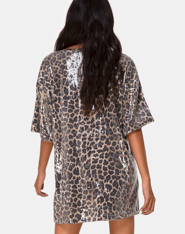 Sunny Kiss Oversize Tee in Leopard with Clear Sequin