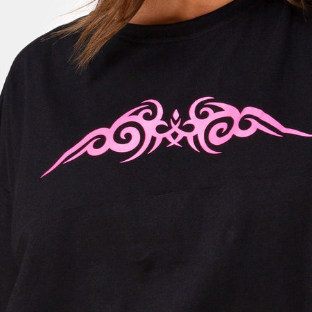 Sunny Kiss Oversize Tee in Black with Pink Tribal