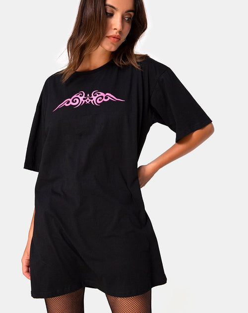 Sunny Kiss Oversize Tee in Black with Pink Tribal