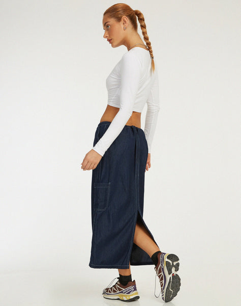 image of Swari Midi Skirt in Denim Dark Chambray