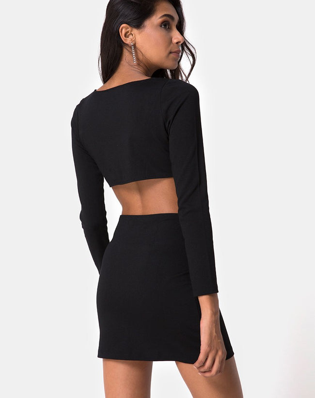 Tashi Bodycon Dress in Black with Diamante Ring Black