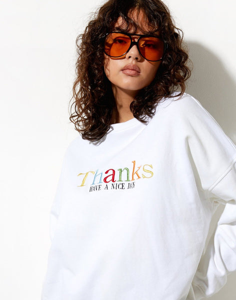 Image of Ted Sweatshirt in White Thank You Have A Nice Day Embro