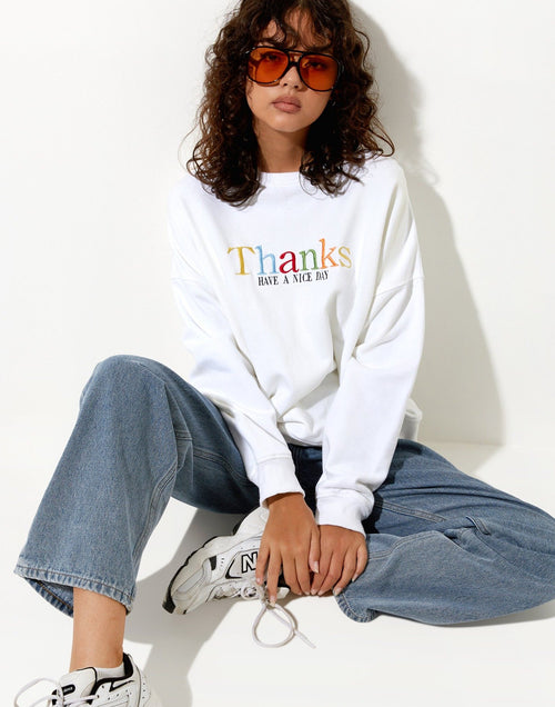 Image of Ted Sweatshirt in White Thank You Have A Nice Day Embro