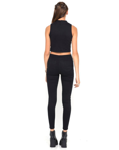 Motel Tempo Mesh Panel Crop Top in Black