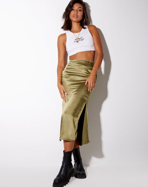 Image of Tindra Midi Skirt in Satin Olive