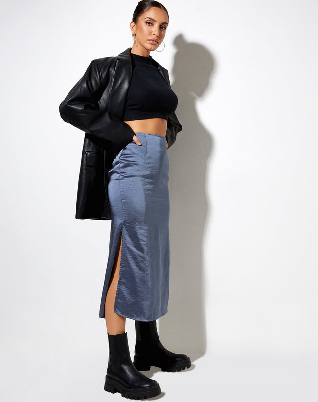 Tindra Midi Skirt in Satin Slate Blue