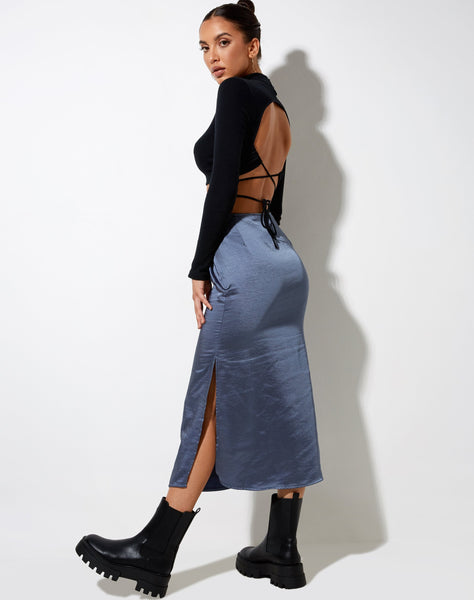 Tindra Midi Skirt in Satin Slate Blue