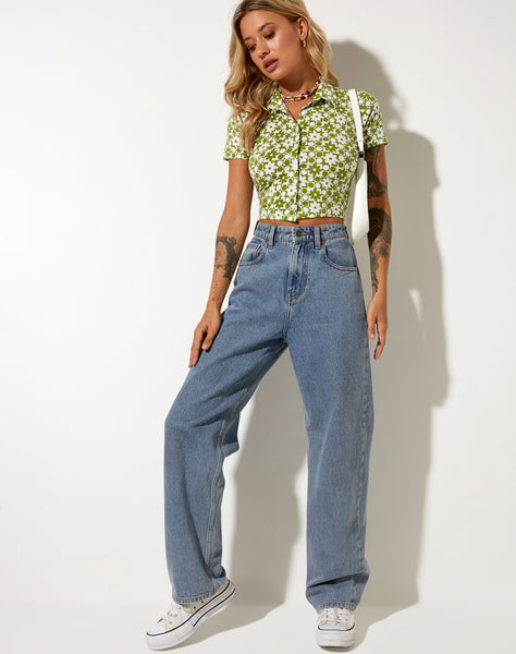 Image of Wuma Cropped Shirt in Patchwork Daisy Green